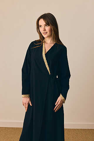 Dantelli Kruvaze Abaya Siyah - 7
