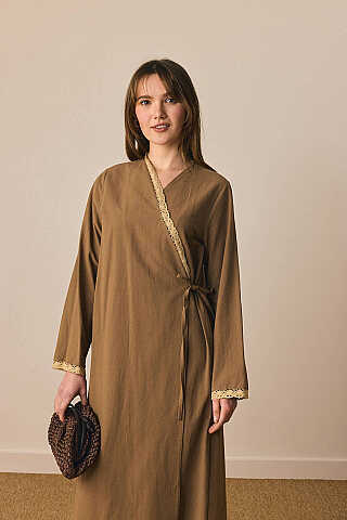 Dantelli Kruvaze Abaya Toprak - 1