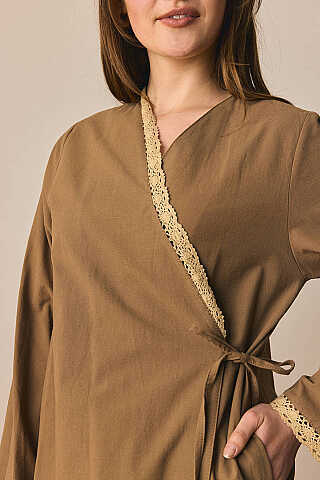 Dantelli Kruvaze Abaya Toprak - 4
