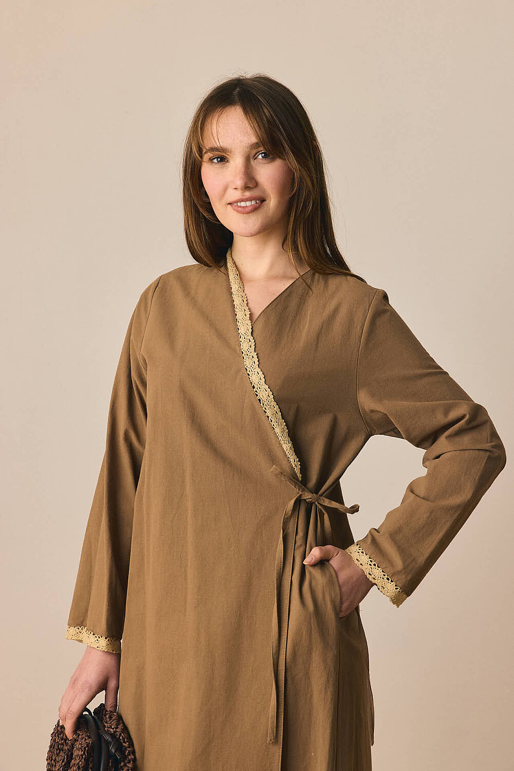 Dantelli Kruvaze Abaya Toprak - 5