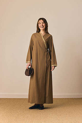 Dantelli Kruvaze Abaya Toprak - 6