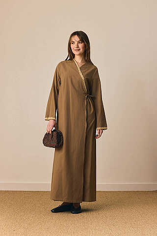 Dantelli Kruvaze Abaya Toprak - 7