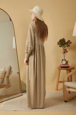 Dantelli Nervür Detaylı Elbise Bej - 6