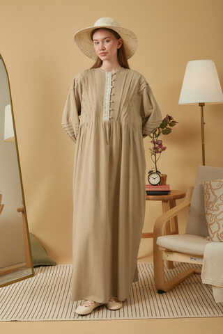 Dantelli Nervür Detaylı Elbise Bej - 9