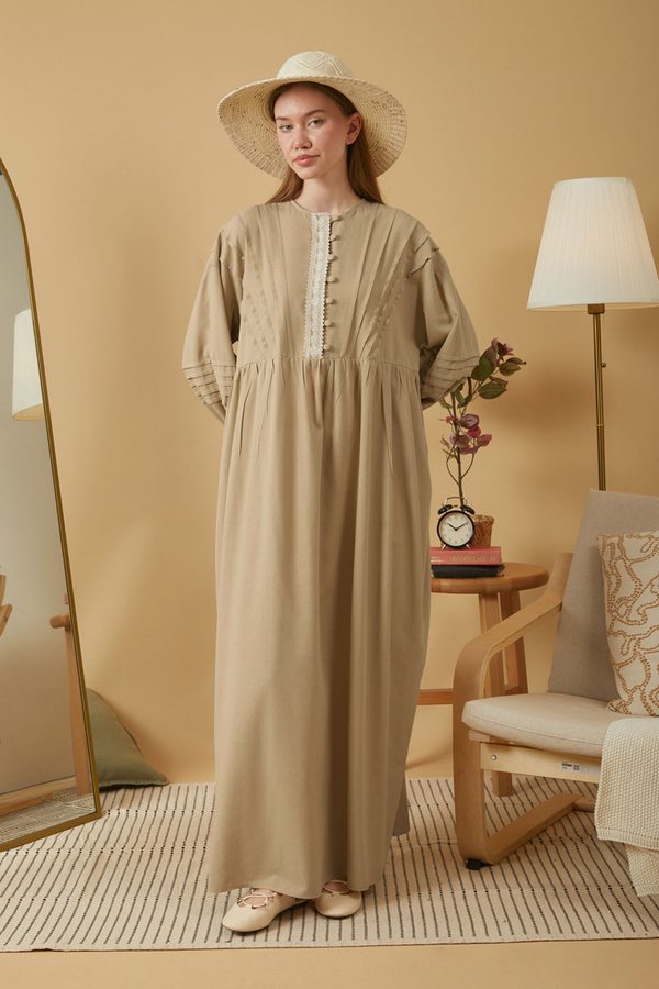 Dantelli Nervür Detaylı Elbise Bej - 9