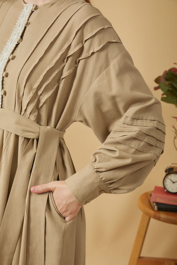 Dantelli Nervür Detaylı Elbise Bej - 14