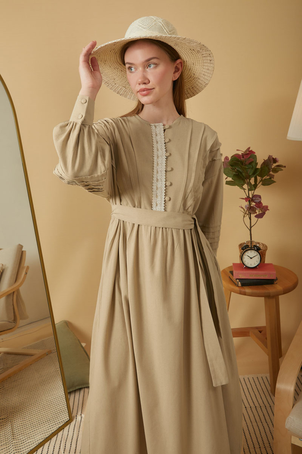 Dantelli Nervür Detaylı Elbise Bej - 16