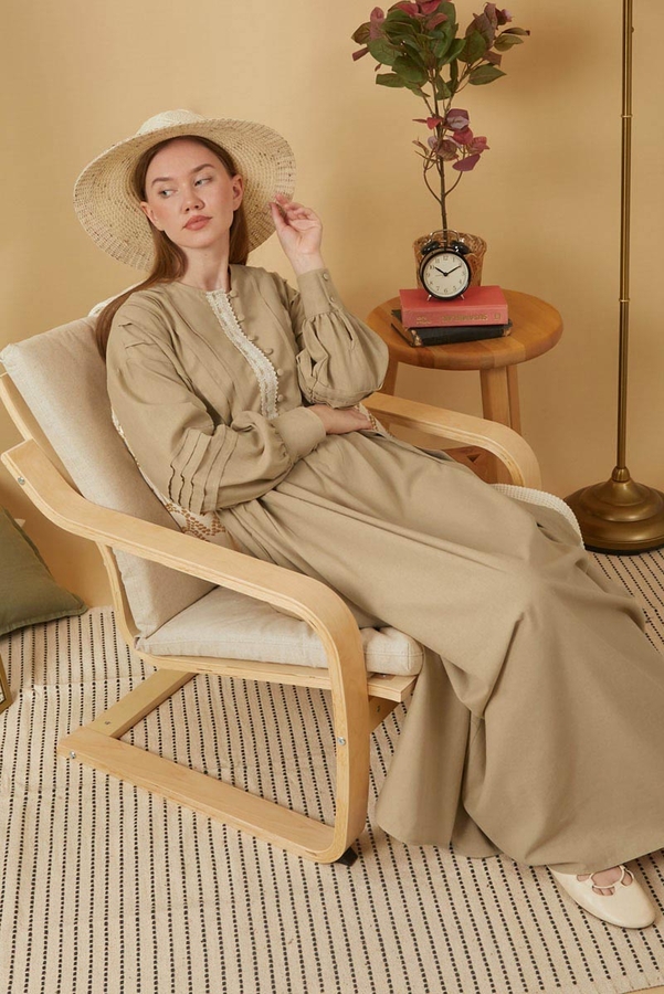 Dantelli Nervür Detaylı Elbise Bej - 1