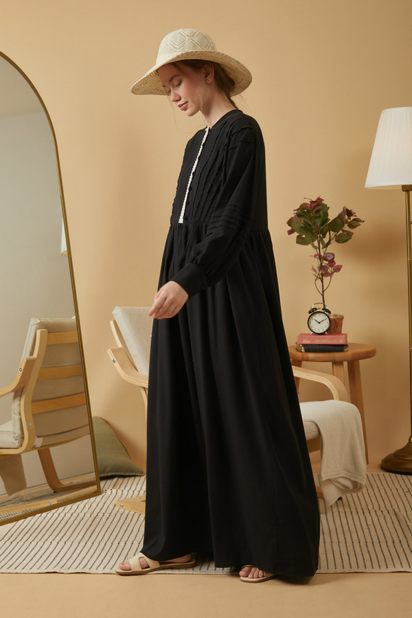 Dantelli Nervür Detaylı Elbise Siyah - 4