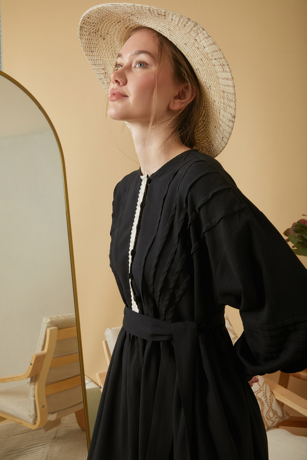 Dantelli Nervür Detaylı Elbise Siyah - 2