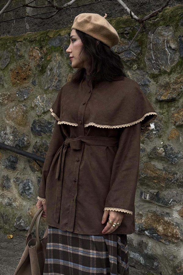 Dantelli Süet Gömlek Kahverengi - 5