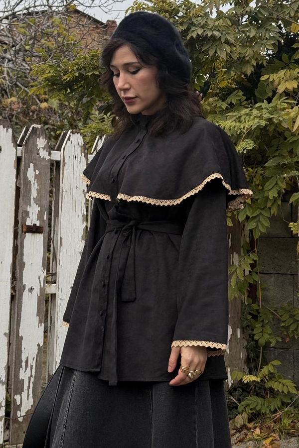 Dantelli Süet Gömlek Siyah (1)