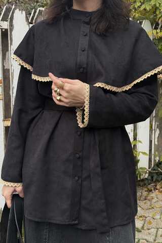 Dantelli Süet Gömlek Siyah - 1