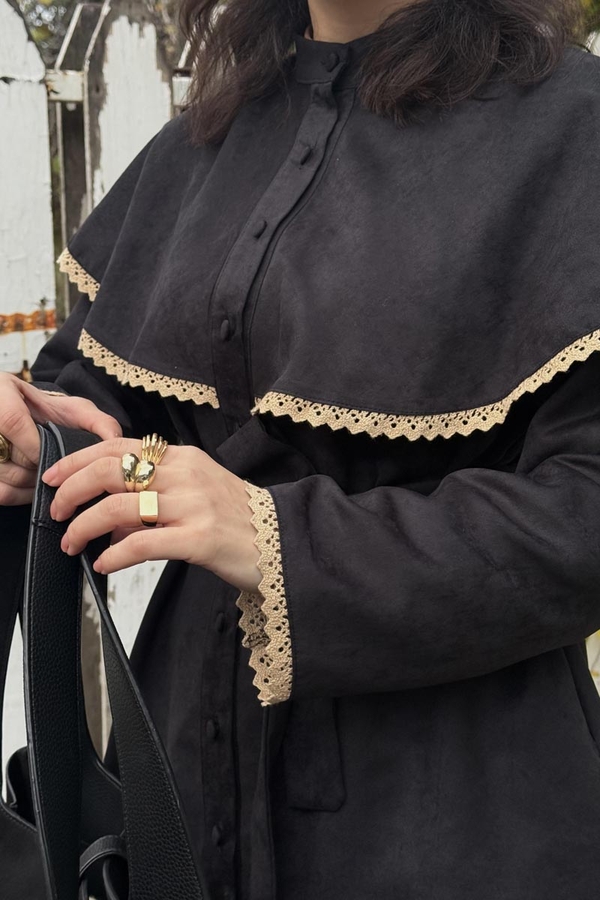 Dantelli Süet Gömlek Siyah - 3
