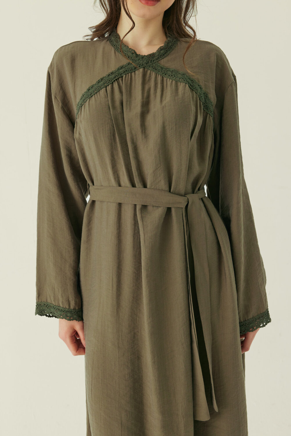 Dantelli Tensel Elbise Haki - 4