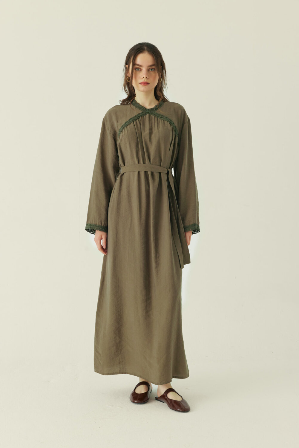 Dantelli Tensel Elbise Haki - 2