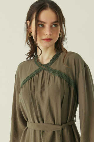 Dantelli Tensel Elbise Haki - 3