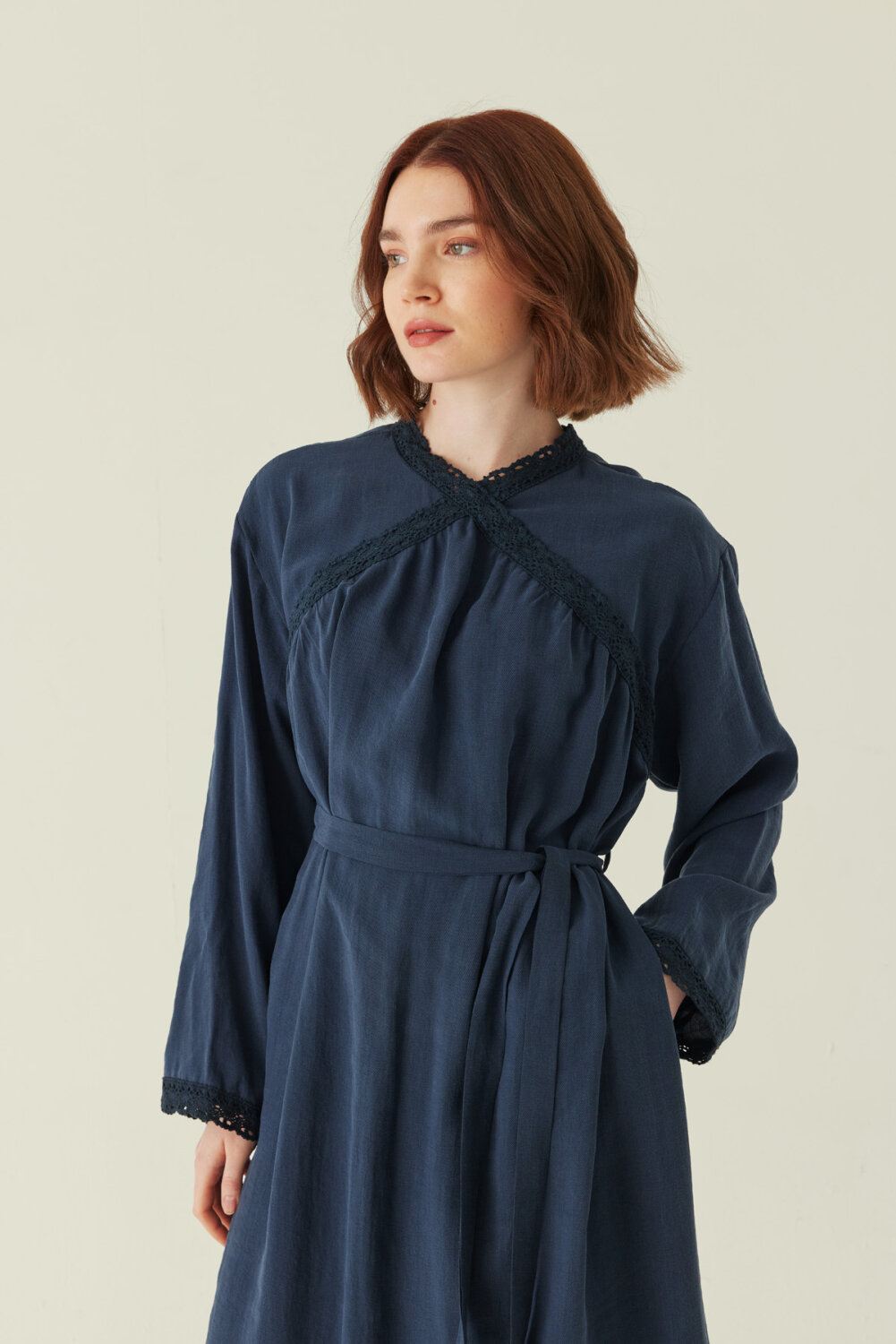 Dantelli Tensel Elbise Lacivert - 1