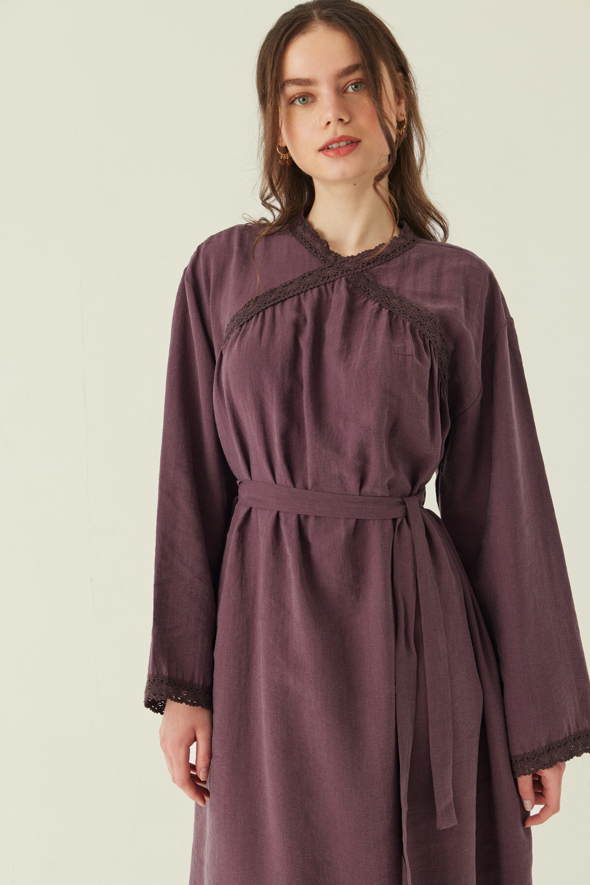 Dantelli Tensel Elbise Mürdüm