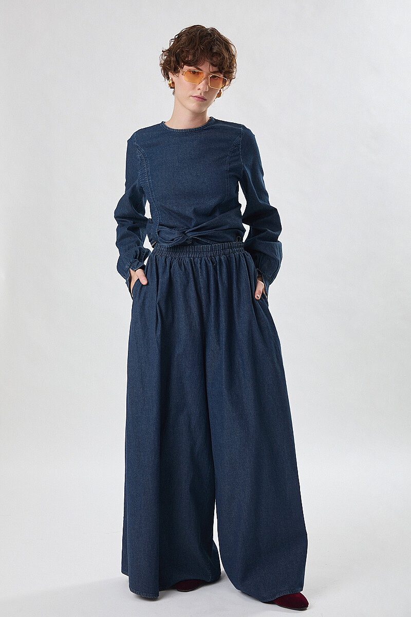 Denim Etekli Pantolon Koyu Mavi