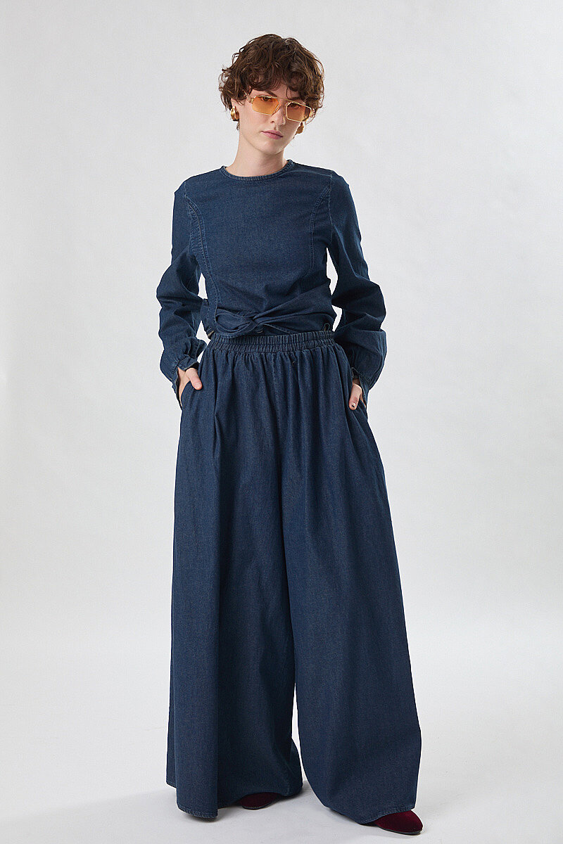 Denim Etekli Pantolon Koyu Mavi - 1