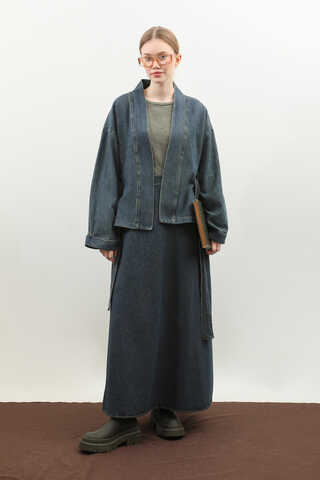 Denim Kimono Etek Takım Mavi - 4