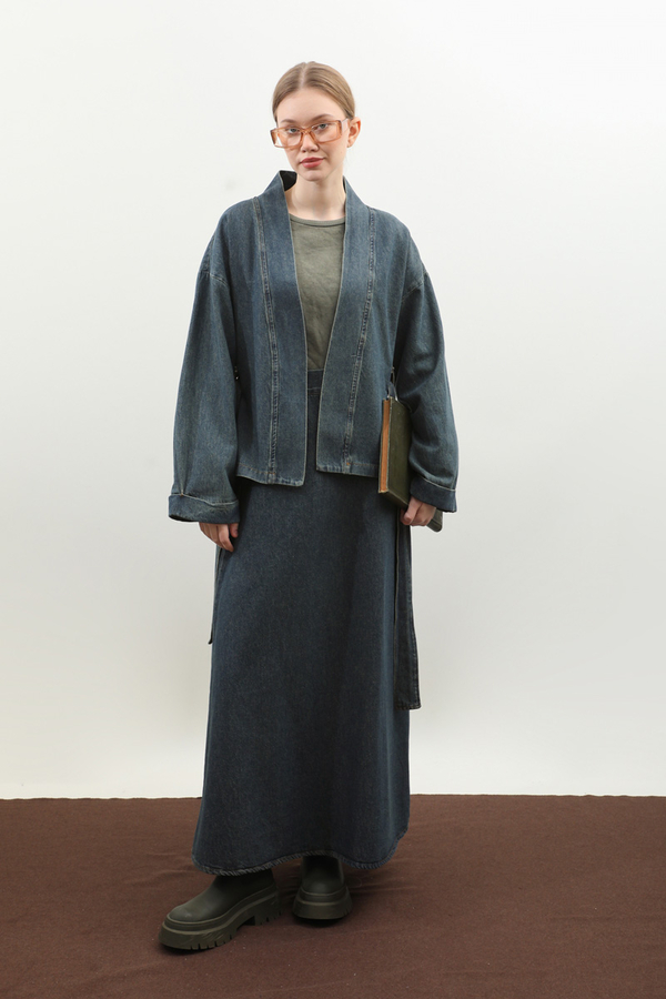 Denim Kimono Etek Takım Mavi - 5