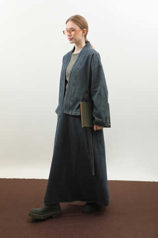 Denim Kimono Etek Takım Mavi - 6