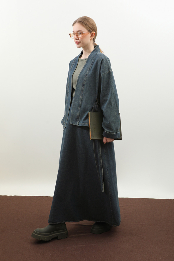 Denim Kimono Etek Takım Mavi - 6