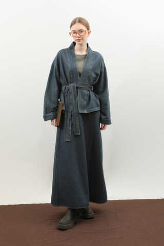 Denim Kimono Etek Takım Mavi - 7