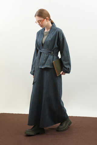 Denim Kimono Etek Takım Mavi - 9