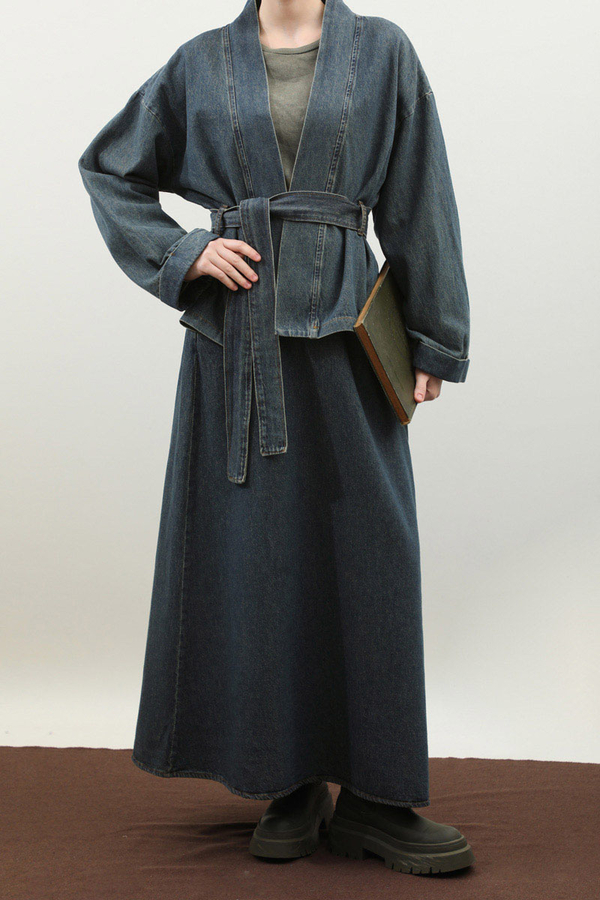 Denim Kimono Etek Takım Mavi - 10