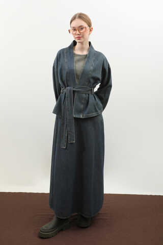 Denim Kimono Etek Takım Mavi - 11