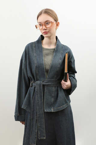 Denim Kimono Etek Takım Mavi - 3