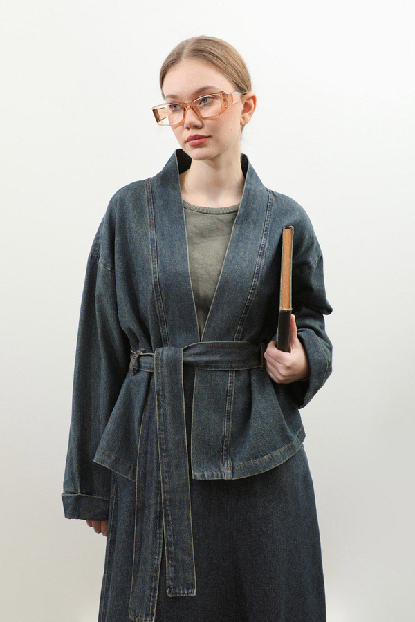 Denim Kimono Etek Takım Mavi - 3