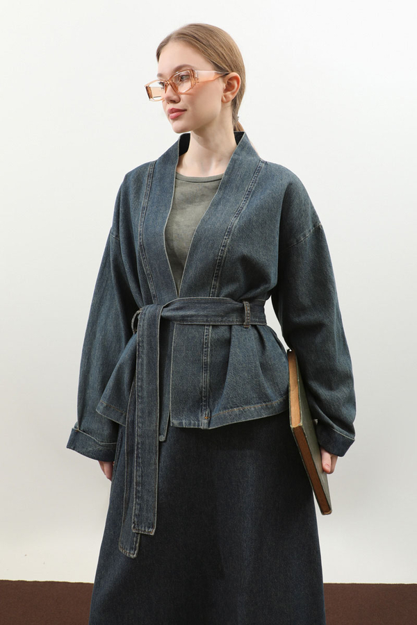 Denim Kimono Etek Takım Mavi - 13