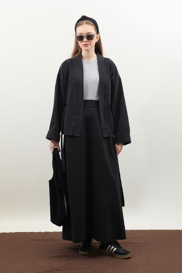 Denim Kimono Etek Takım Siyah - 2