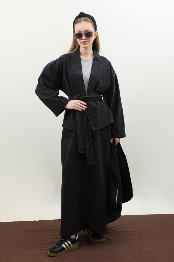 Denim Kimono Etek Takım Siyah - 9