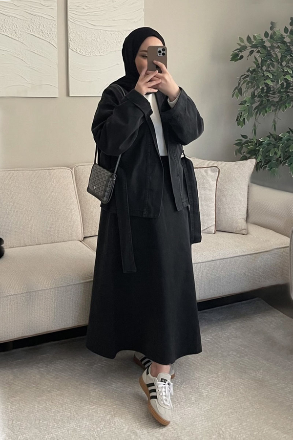 Denim Kimono Etek Takım Siyah - 1
