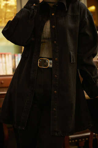 Denim Shirt with Leather Belt Black - 2