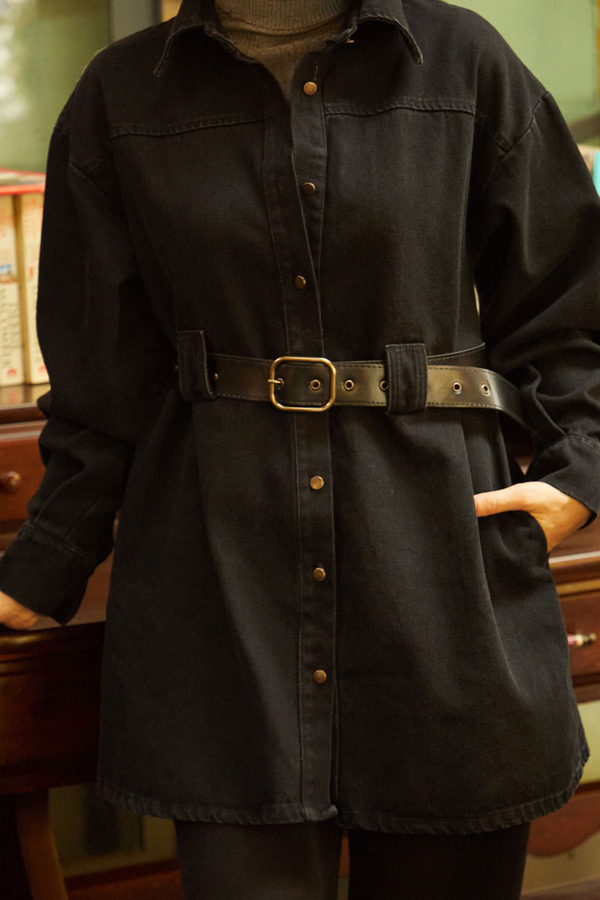 Denim Shirt with Leather Belt Black - 4