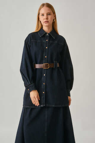 Denim Shirt with Leather Belt Dark Blue - 2