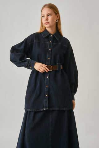 Denim Shirt with Leather Belt Dark Blue - 4