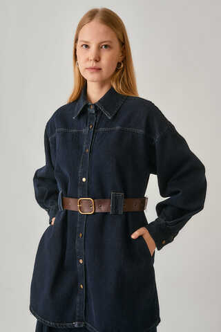 Denim Shirt with Leather Belt Dark Blue - 7
