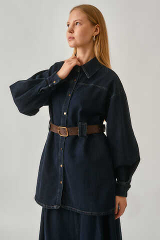Denim Shirt with Leather Belt Dark Blue - 8