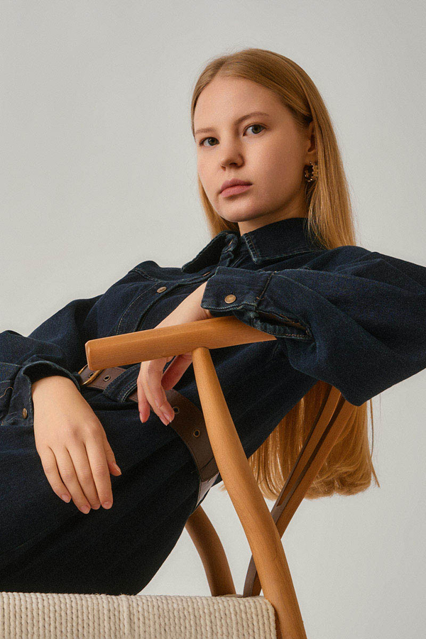 Denim Shirt with Leather Belt Dark Blue - 12