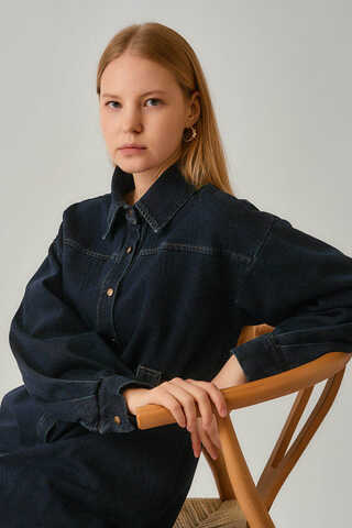 Denim Shirt with Leather Belt Dark Blue - 6