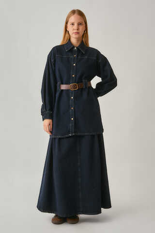 Denim Shirt with Leather Belt Dark Blue - 1