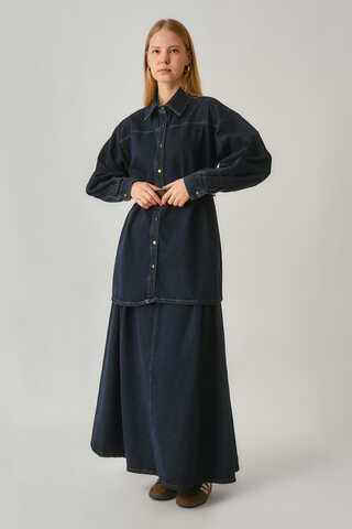 Denim Shirt with Leather Belt Dark Blue - 3