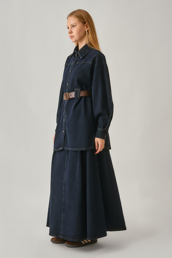 Denim Shirt with Leather Belt Dark Blue - 5